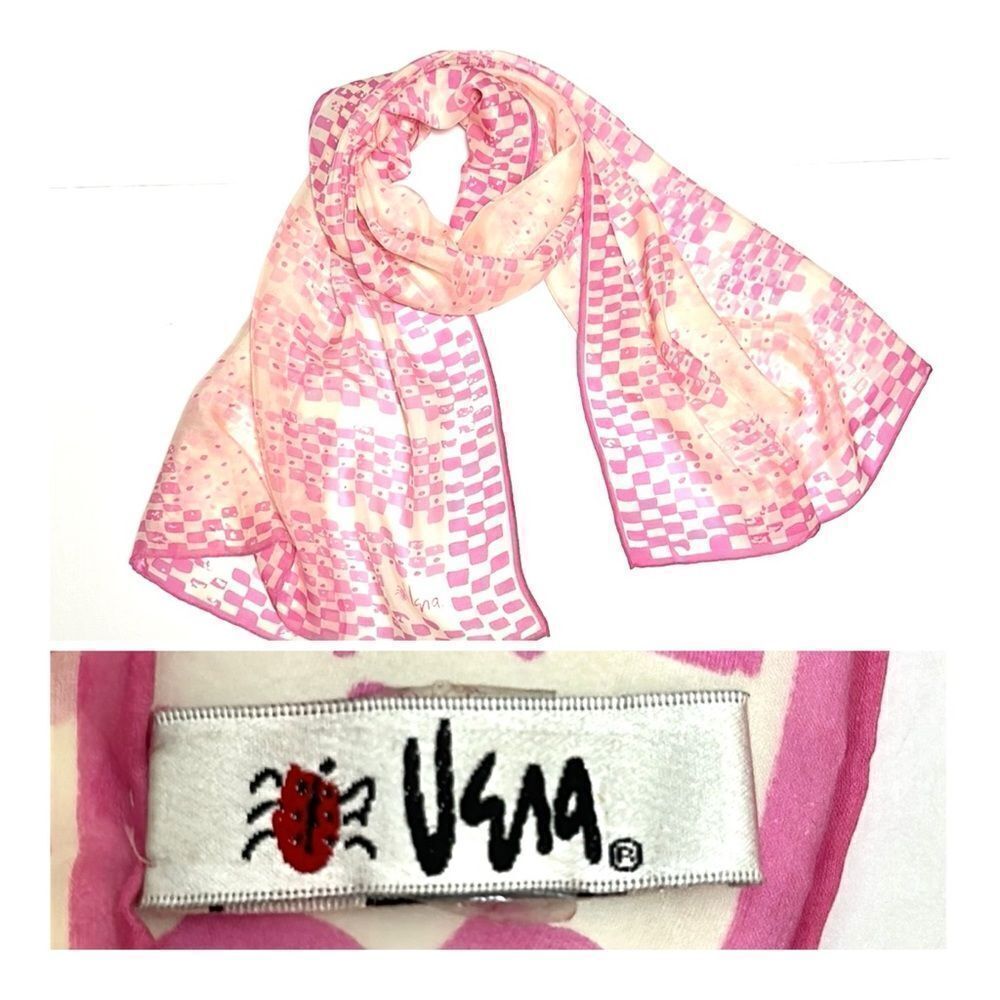 Vera Neumann Large Silk Chiffon Rectangle Scarf Pink Ivory Hand Rolled 27x68”